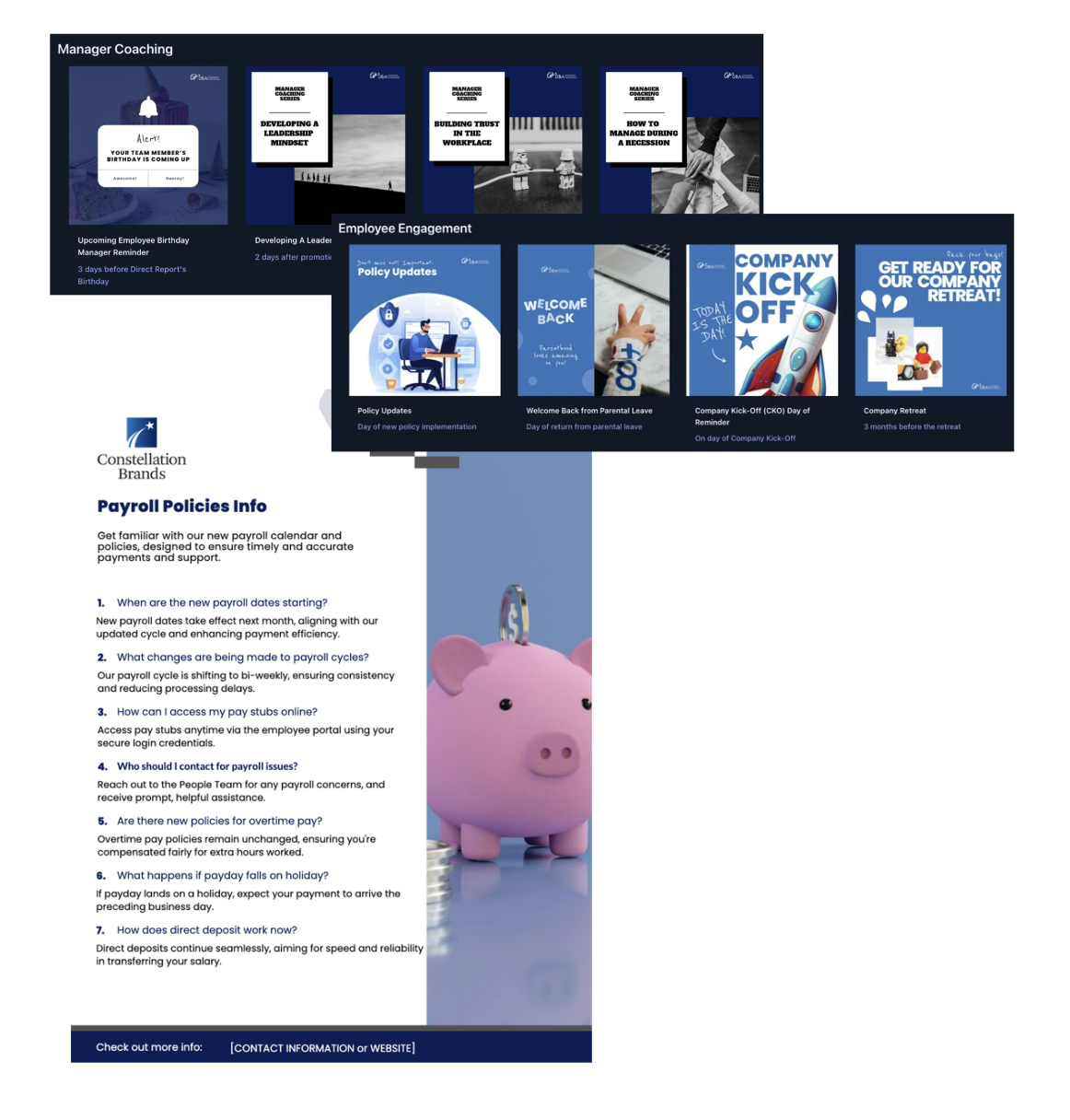 Branded Manager Coaching, Employee Engagement, and Payroll Policy assets created in ChangeEngine