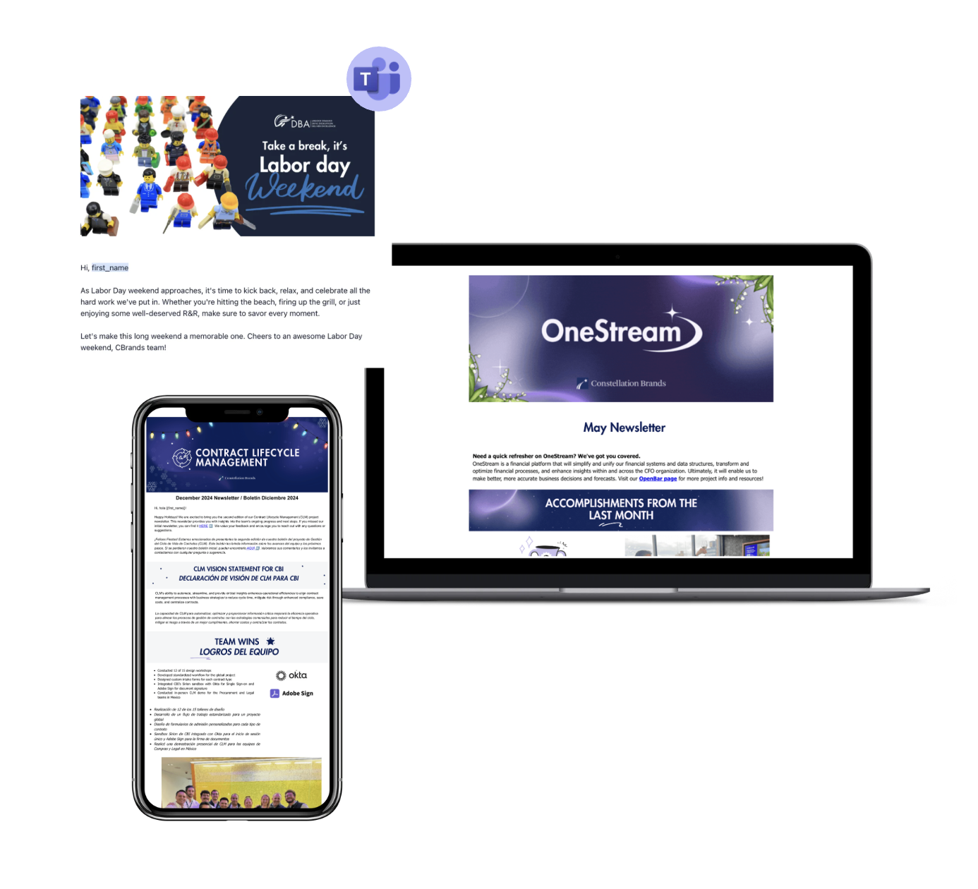 ChangeEngine communications shown across Teams, desktop newsletter, and mobile email