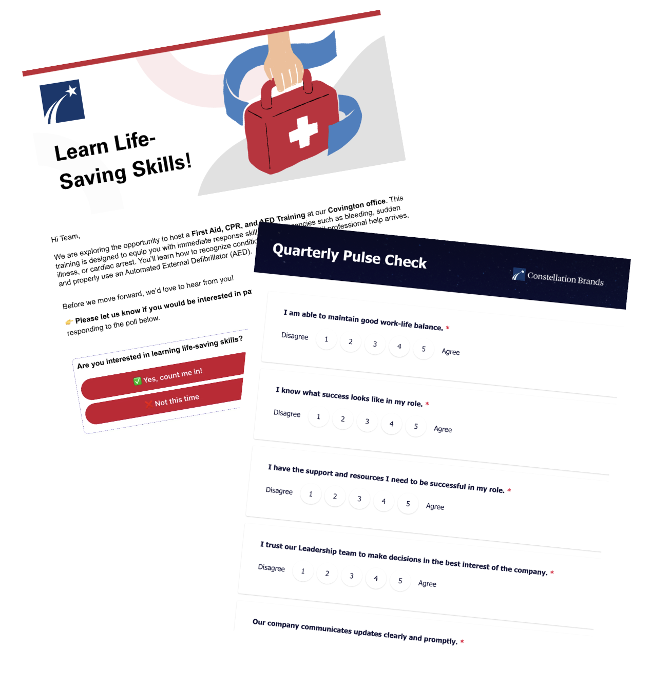 ChangeEngine Listen module showing a life-saving skills interest poll and a Constellation Brands Quarterly Pulse Check survey